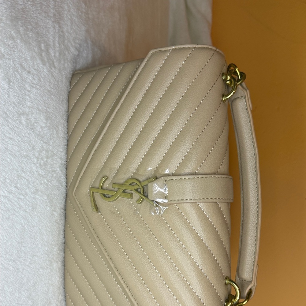 YSL Cream Quilted Top-Handle Shoulder Bag with Gold Hardware